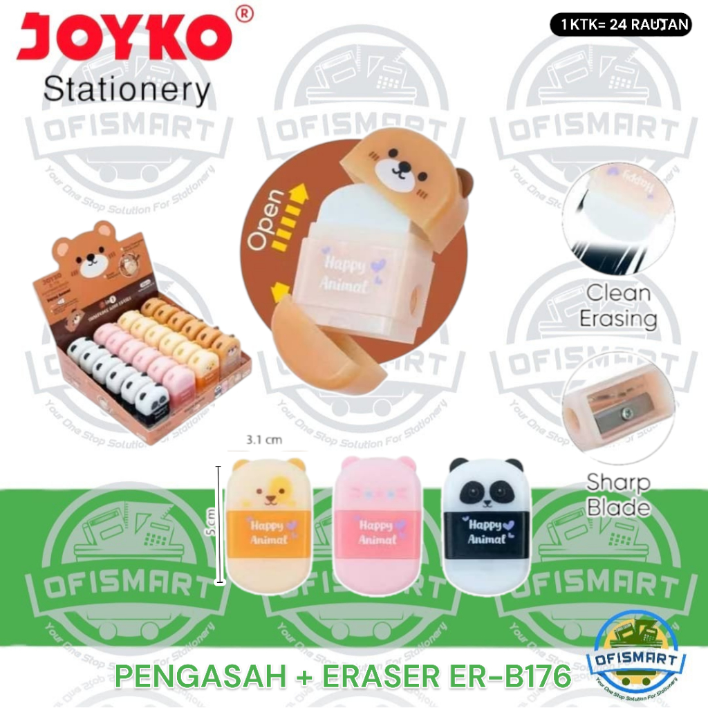 

Joyko Sharpener Eraser 2in1 Rautan dan Penghapus B-176 Happy Animal | @1Ktk= 24Pcs