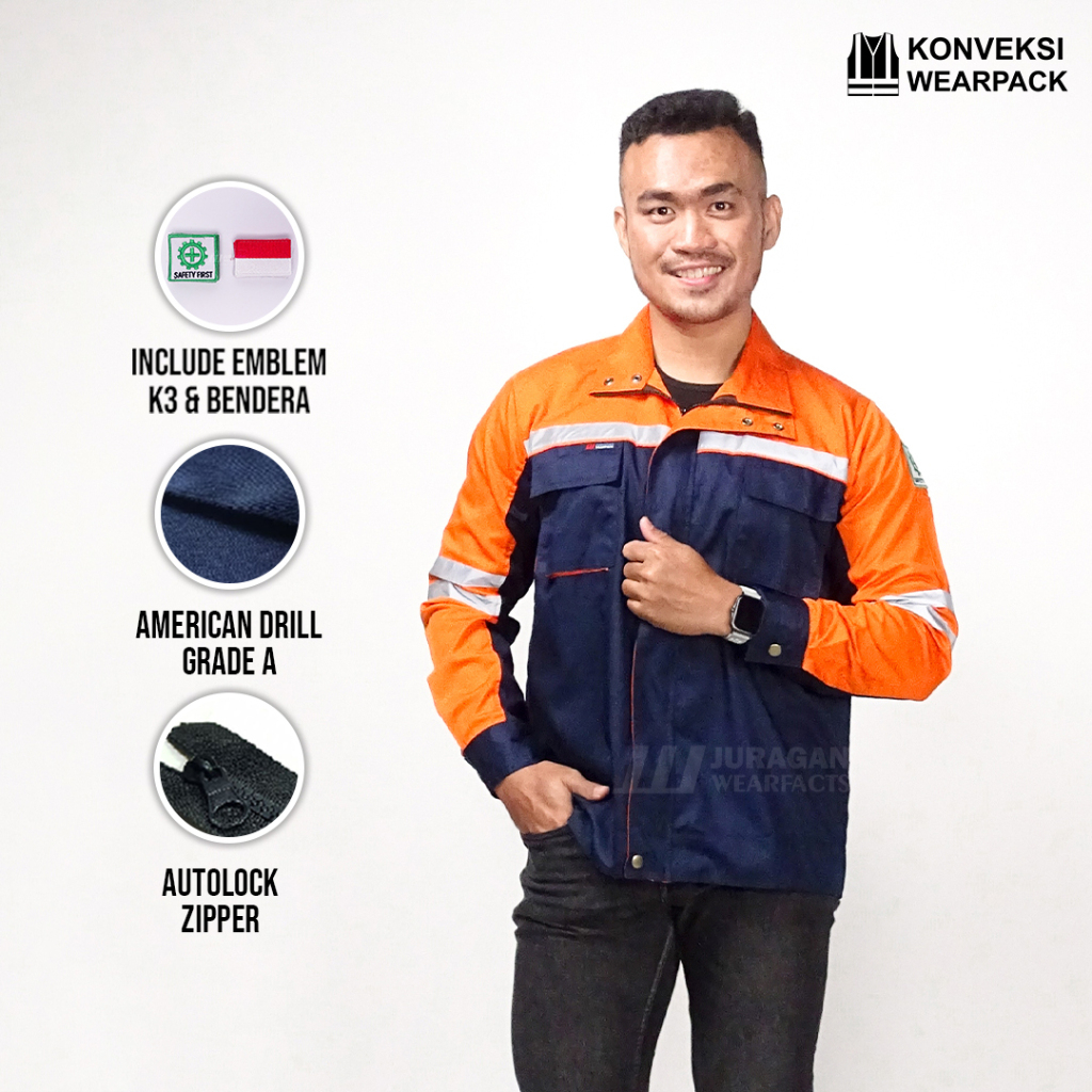 Wearpack Kerja Warna Orange Kombinasi Biru Navy