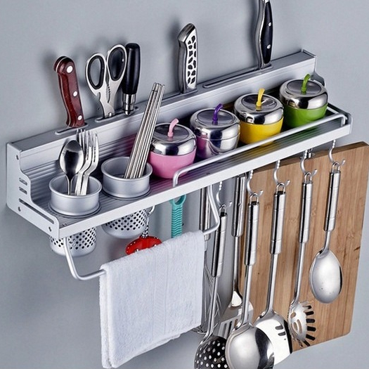 Rak Dinding Dapur Aluminium Tempat Bumbu Pisau Spatula Sendok Set Alat / Rak Dapur Gantung Hemat Tem