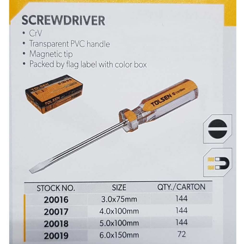 Obeng gepeng 3inch (3x0.75mm) / 6inch (6.0x150mm) Magnet TOLSEN 20016/20019