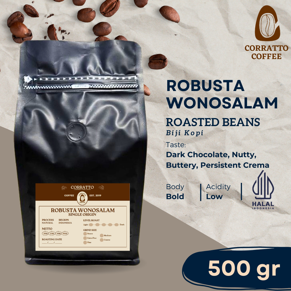 

Biji Kopi Robusta Wonosalam 500 gram Corratto Coffee