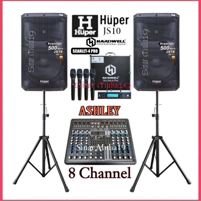 Paket Sound System Speaker Huper Js10 Mixer Ashley SMR 8 Mic Wireless 4 Ch Hardwell Scarlet 4 Pro