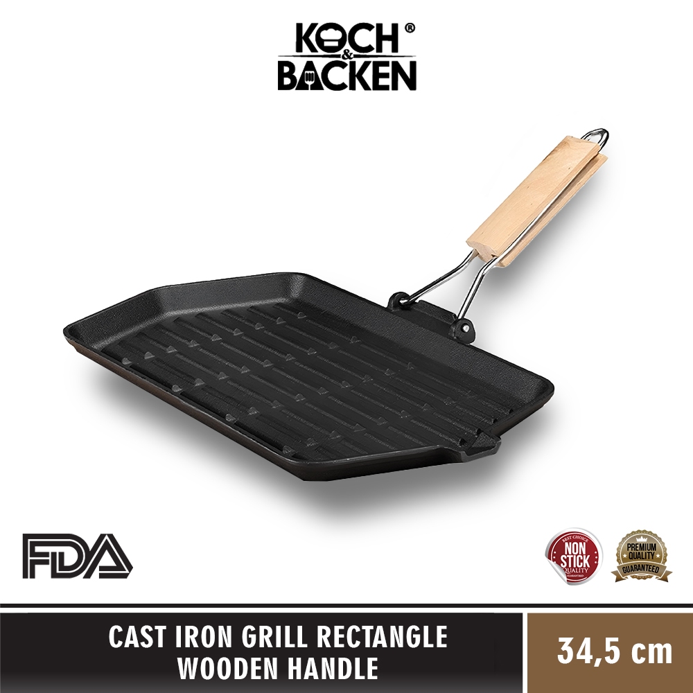 KOCH&BACKEN Cast Iron Grill Rectangle Wooden Handle - Panggangan Anti Lengket