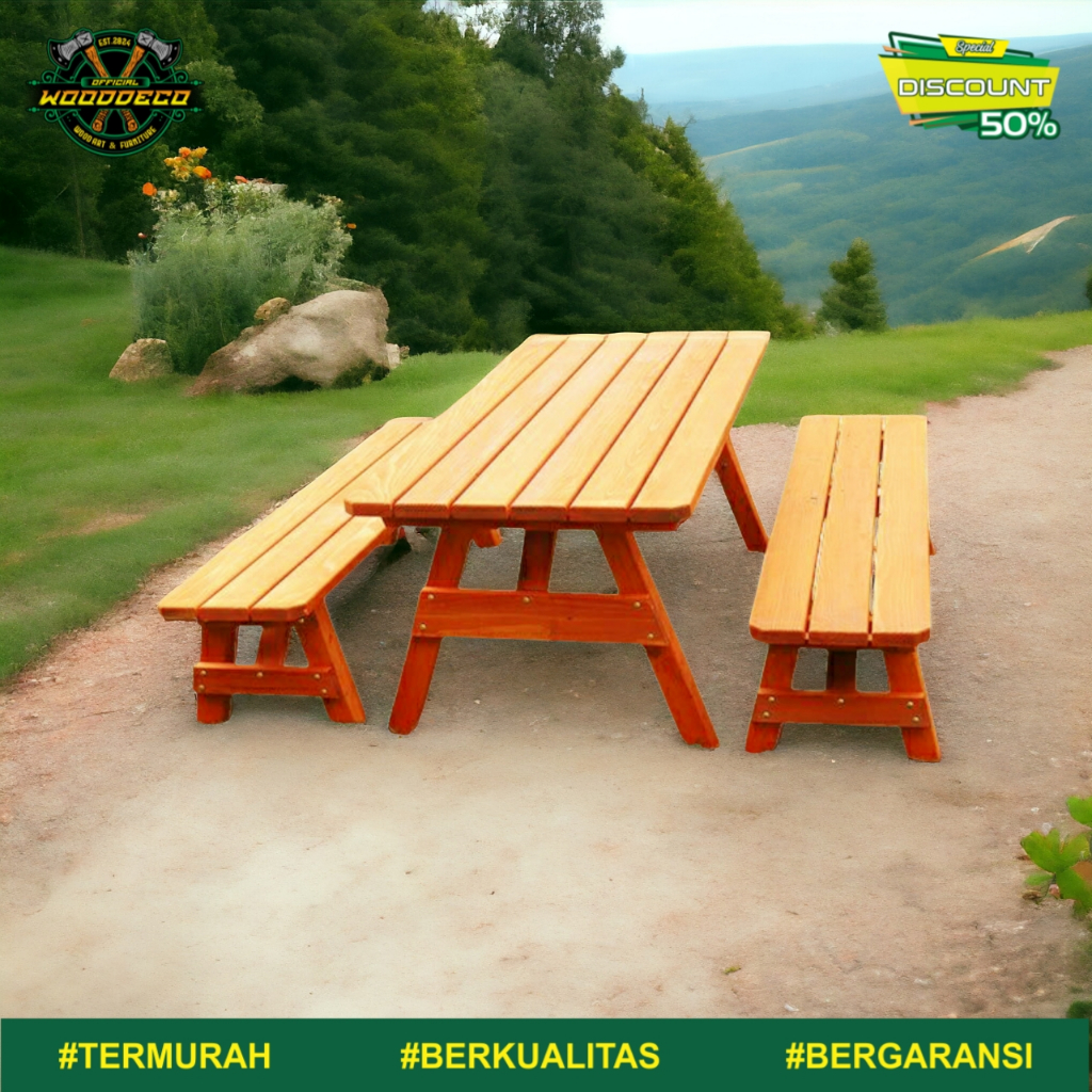 Meja Taman Kayu Minimalis Meja Kayu Outdoor Elegan Meja Taman Rustic & Natural Meja Piknik Kayu Serb