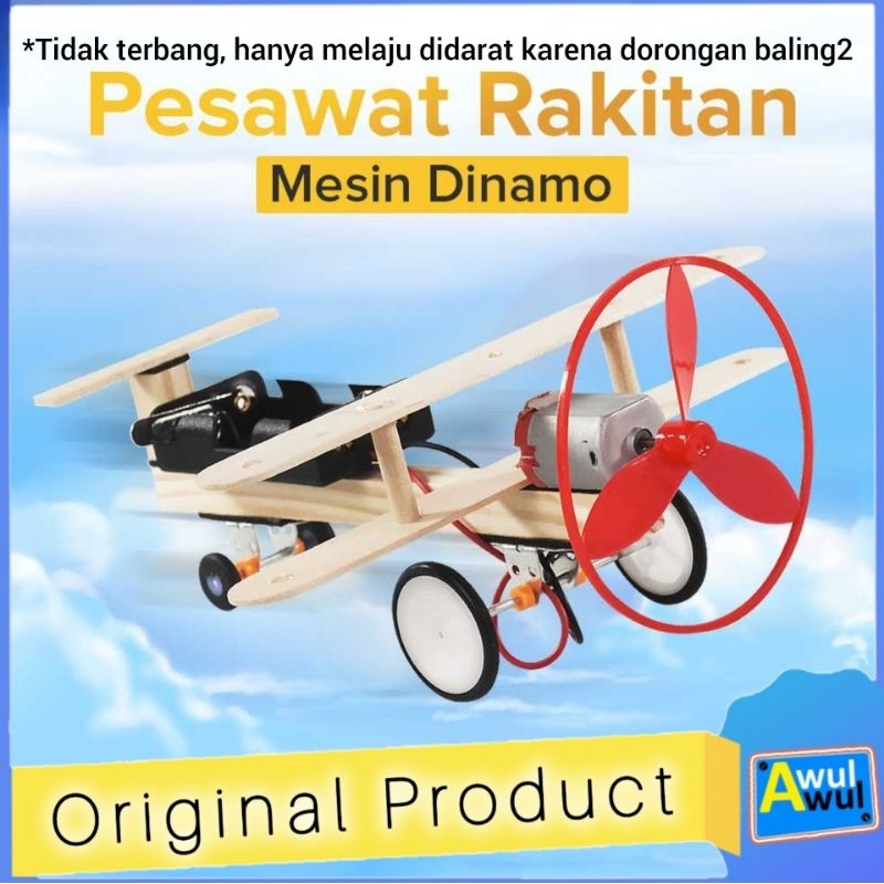 Mainan Pesawat Kayu Stik Eskrim Rakitan Baling-baling Dinamo