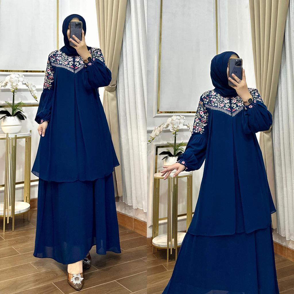 gamis remaja kekinian baju gamis gamis lebaran gamis wanita muda bahan lembu gamis biru bunga (667)