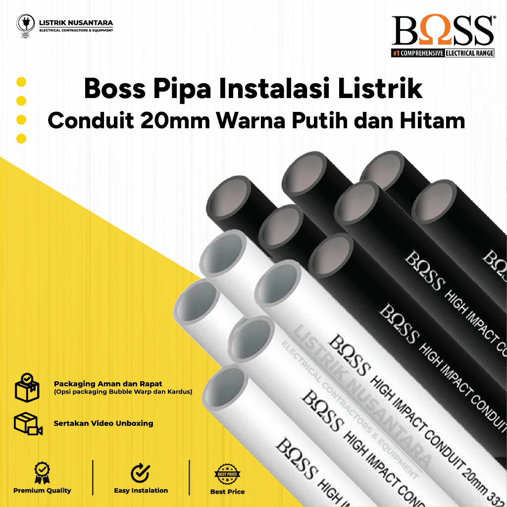 Pipa Instalasi Listrik Conduit 20 mm / Elektrikal BOSS Warna Putih Hitam untuk Instalasi Industrial