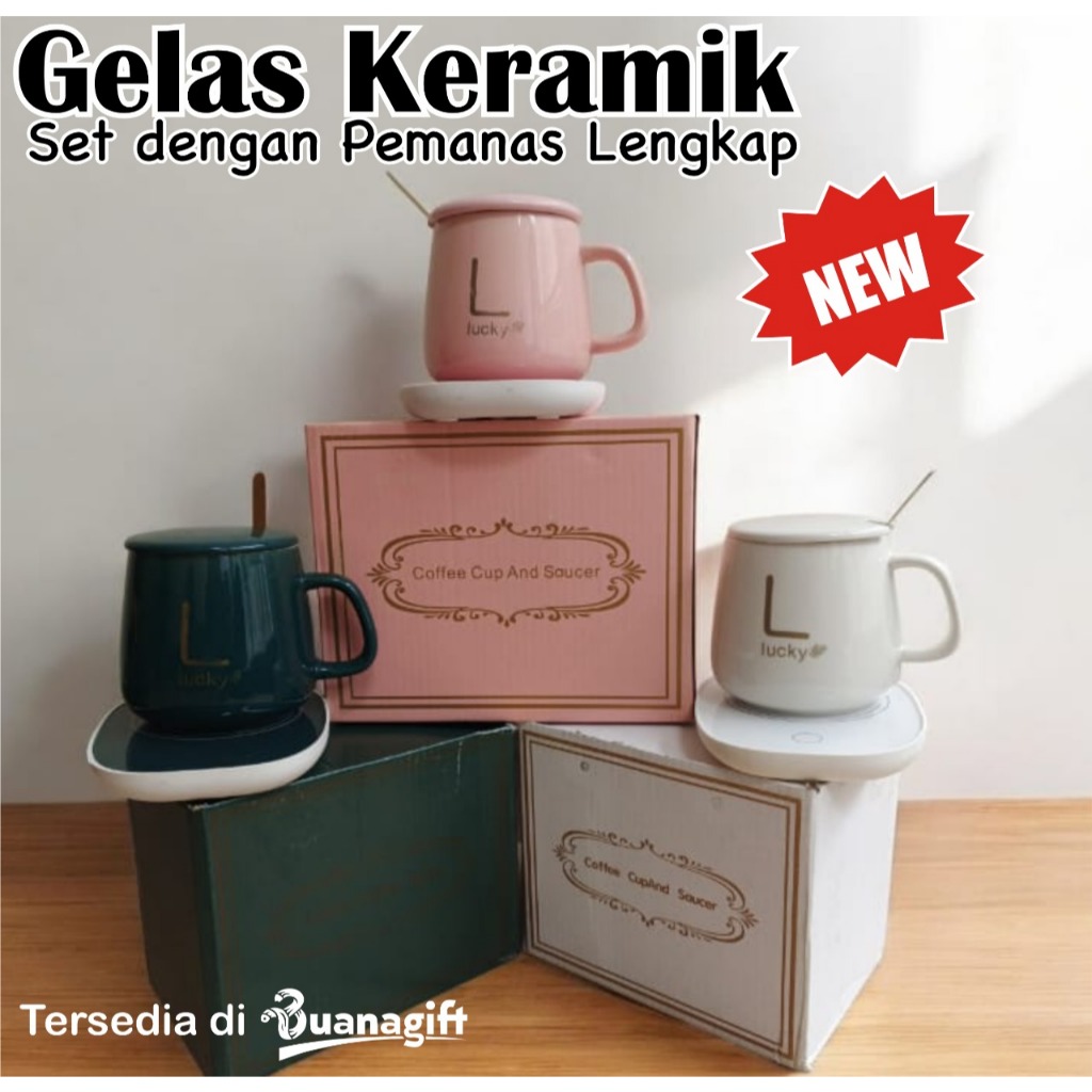 Mug Cangkir Elektrik Set Keramik Pemanas Penghangat Kopi Gelas Mewah Keramik Listrik dan Sendok - Bu