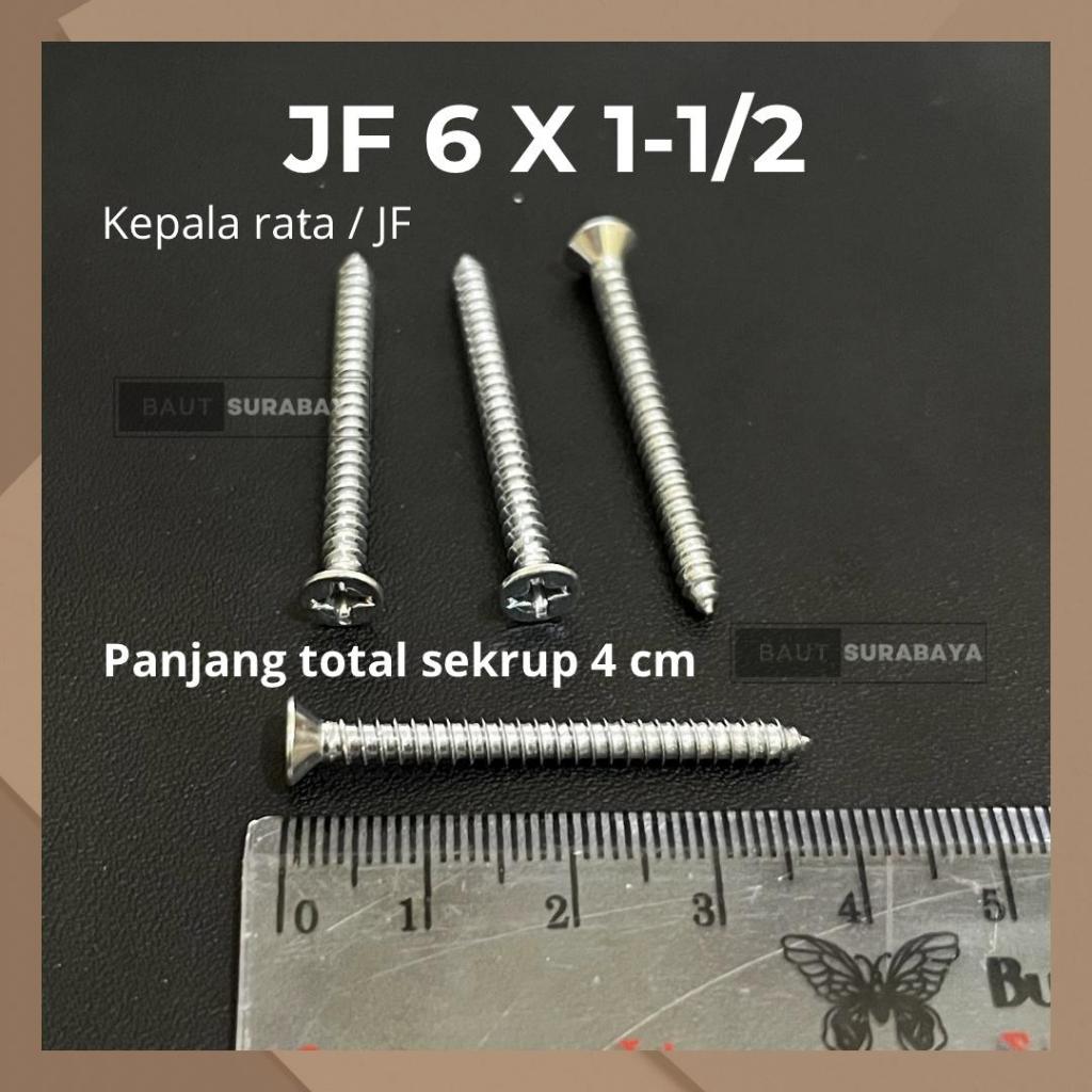 100 pcs sekrup JF 6 x1 ½  sekrup 4 cm kepala rata JF.