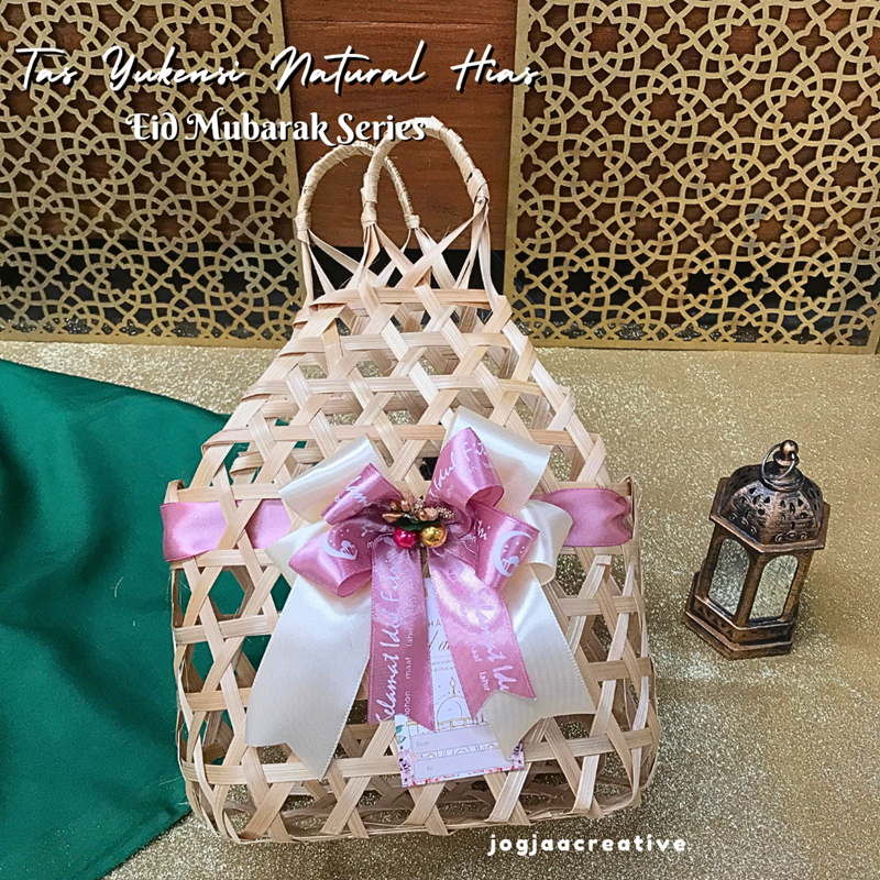 Keranjang Bambu TERBARU Spesial Lebaran TAS YUKENSI KECIL NATURAL HIAS PITA Lebaran PINK Series FREE