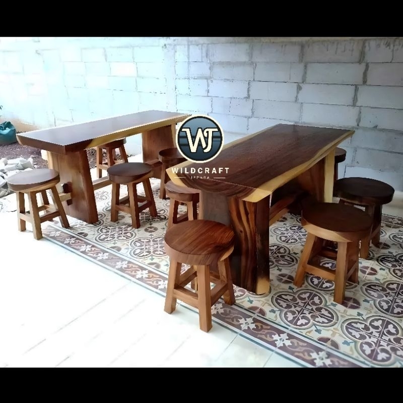 SET MEJA KOPI MEJA CAFE 6 STOOL KAYU TREMBESI SOLID FINISHING