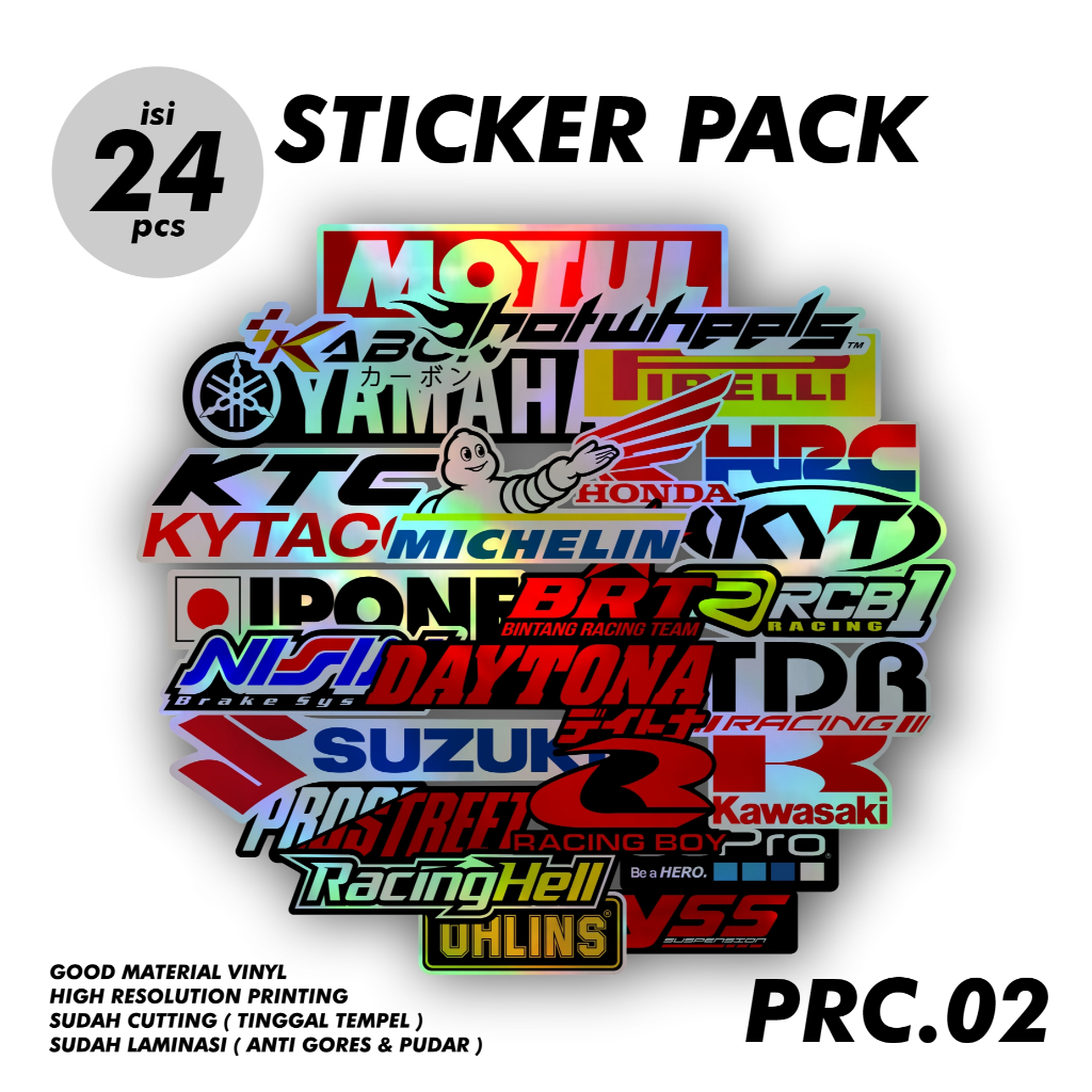 

24 pcs Sticker Pack Racing Distro Logo Brand Aesthetic Print Cut Sudah Terpotong pola Tinggal Tempel Laminasi Anti Pudar Anti Gores Bahan Vinyl Puith Hologram Pelangi AM.PRC02 isi 24 Lembar Sudah Potongan Tinggal Tempel