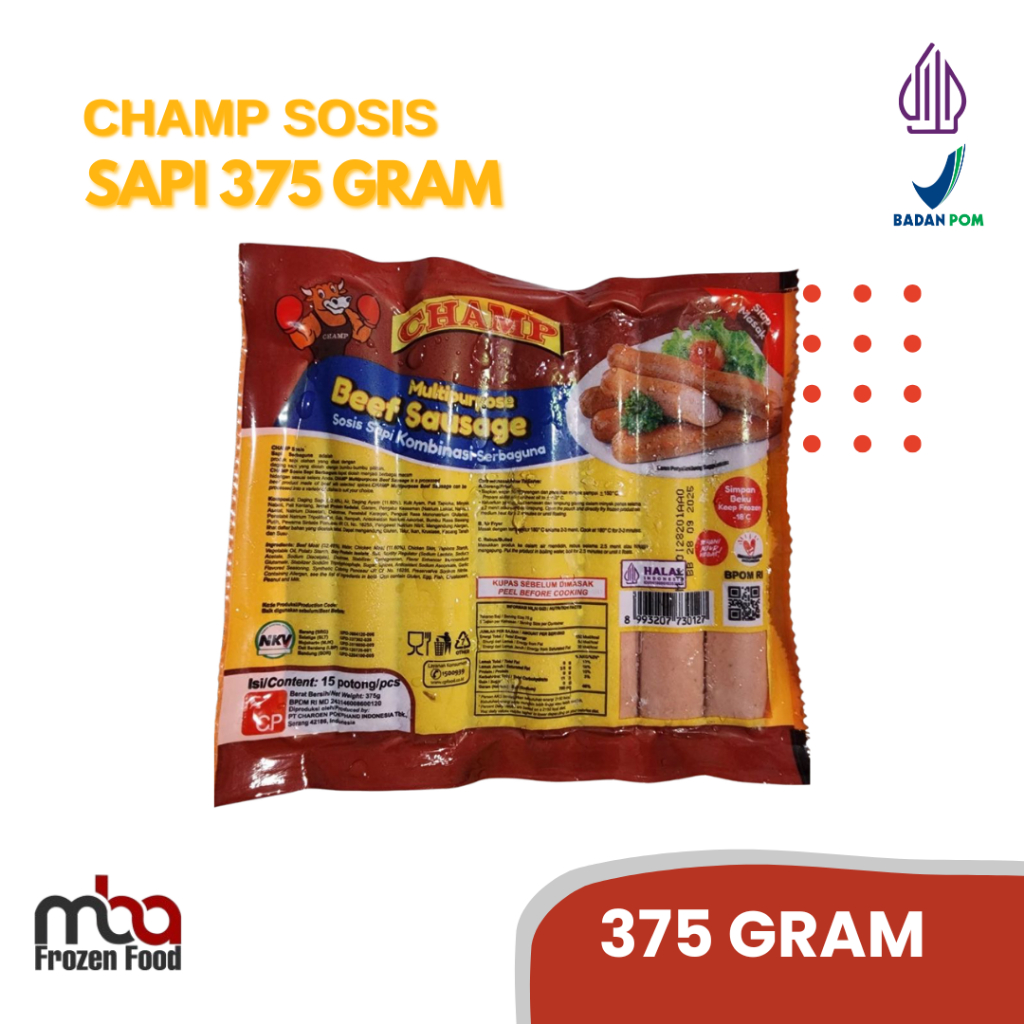 

Champ Sosis Sapi 375 gr, isi 15 pcs /Sosissapi /Sapi /Sosis /Daging /Kornet /Sate /Snack /Camilan /Dagingsapi /Dagingayam /Ayam /Frozen food