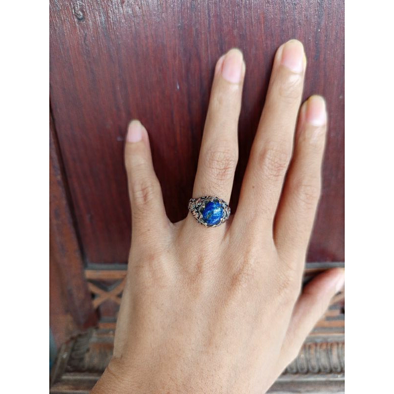 Cincin perak ukir bali batu lapis lazuli