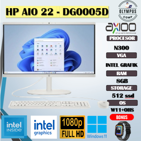HP AIO 22 I3 N300 8GB 512GB W11+OHS 21.5FHD ( FREE SMART WATCH )