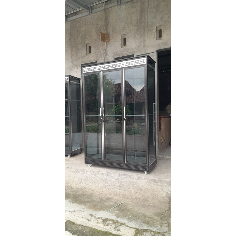 LEMARI GAMIS | LEMARI FULL GANTUNG 3PINTU | LEMARI KACA ALUMINIUM FULL KACA HITAM/RIBEN