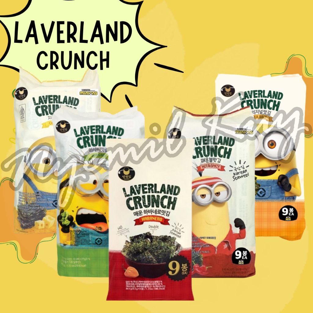 

Laverland Crunch Korean Crispy Seaweed Nori Rumput Laut Dengan Rasa Cheese Haba Nero Hot Spicy Sea Salt Wasabi isi 4,5g x 9pack - Snack Cemilan Korea - Laverland Minions