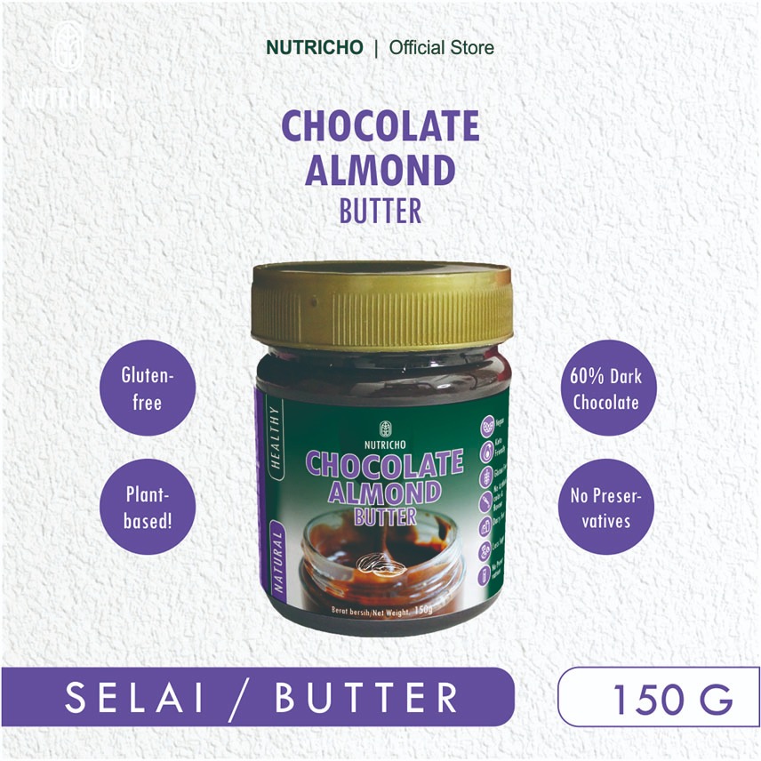 

Nutricho Selai Coklat Almond - Chocolate Almond Butter 150g - 60% Cocoa - Vegan Rendah Gula