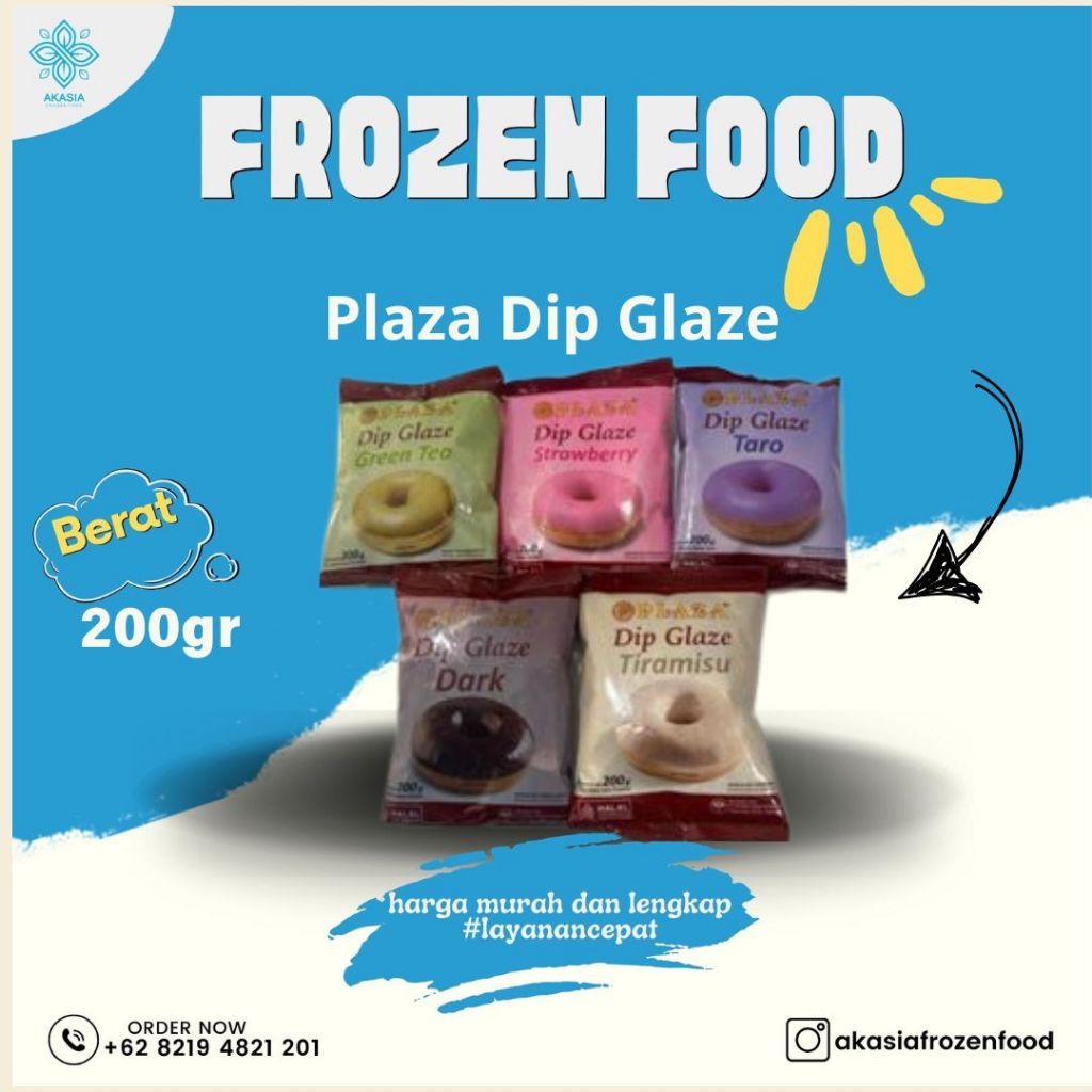 

Plaza Dip Glaze 200g (coklat, taro, tiramsiu, greentea, dan strawberry)