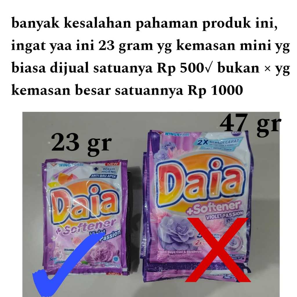 Daia Detergent bubuk scht 1 renceng (isi 6) 23gram kemasan mini All varian dijual eceran Rp 500 mura