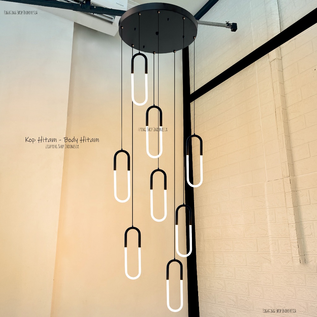 Lampu gantung void tangga oval 8in1 led body gold hitam minimalis