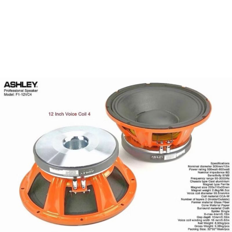 ASHLEY SPEAKER ASHLEY 12 INCH F1-12VC4 COIL 4 INCH MID LOW 800W ORIGINAL F1 12VC4