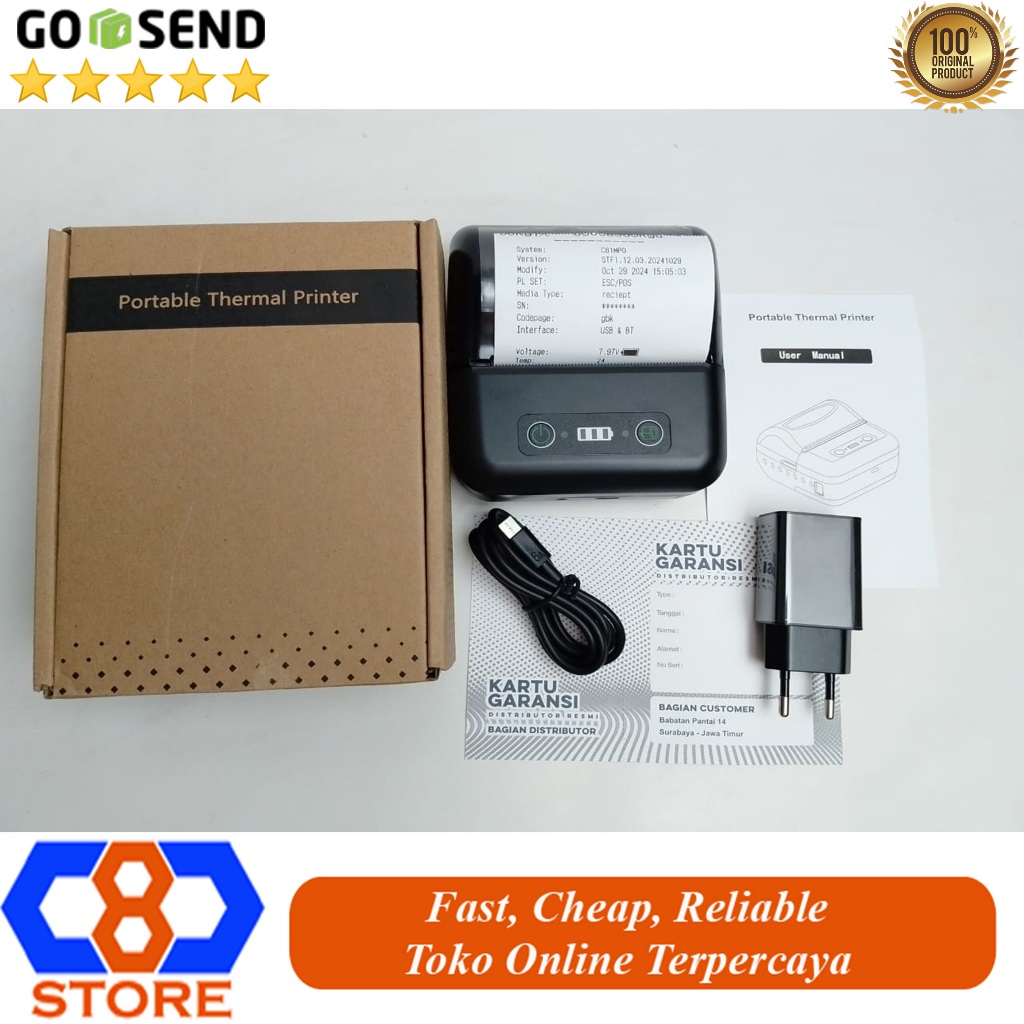 PRINTER THERMAL PORTABLE 80MM USB BLUETOOTH