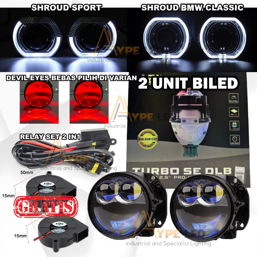 Paket Complit Biled AES Turbo Se DLB 2,5 inch Bluelens 75 WATT Double low beam Turbo DLB Aes