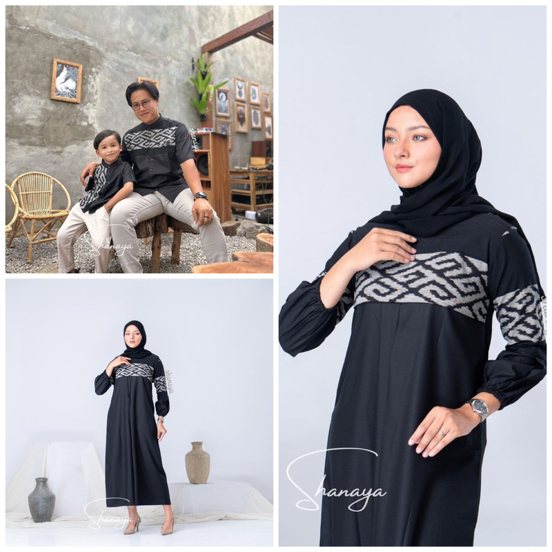 Shanaya Baju Batik Fashion Ramadhan Couple Set Gamis Kemeja Koko Dewasa dan Anak Bahan tenun kombina