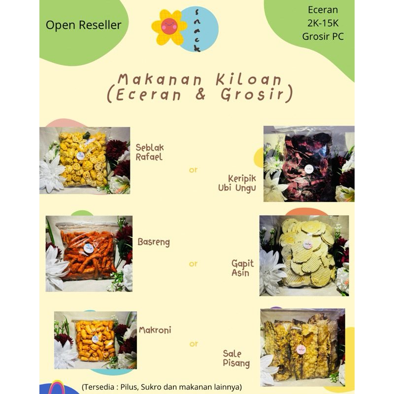 

Makanan Kiloan 15K Tersedia Eceran dan Grosiran || Kue Kiloan Rasa Asin, Manis, Pedas.