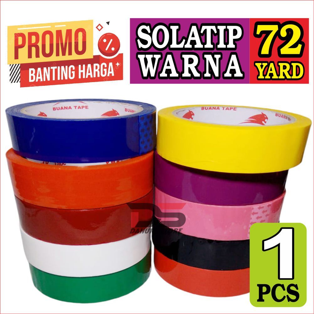 

LAKBAN WARNA 24mm X 72 yard,Harga 1 pcs SOLATIP WARNA MERAH,HITAM,BIRU,KUNING,HIJAU,PUTIH,PINK