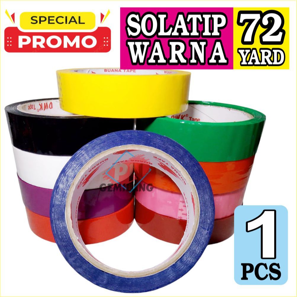 

LAKBAN WARNA 24mm X 72 yard,Harga 1 pcs SOLATIP WARNA PUTIH,PINK,MERAH,KUNING,HIJAU,HITAM,BIRU,