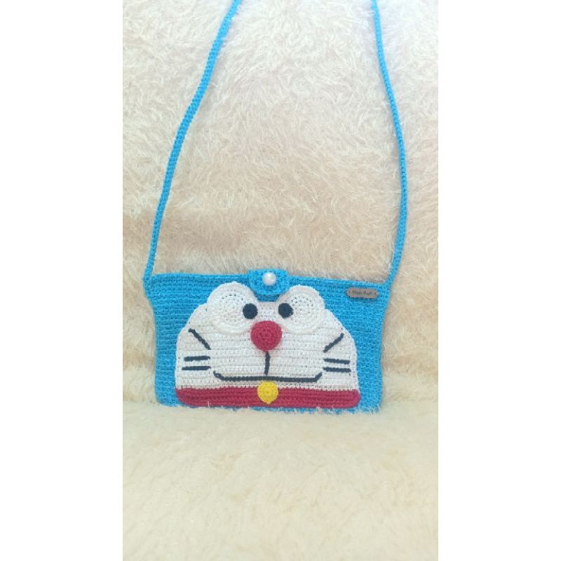 POUCH HP POLY RAJUT / TAS SELEMPANG HP RAJUT /TAS RAJUT DORAEMON /DOMPET HP WANITA RAJUT