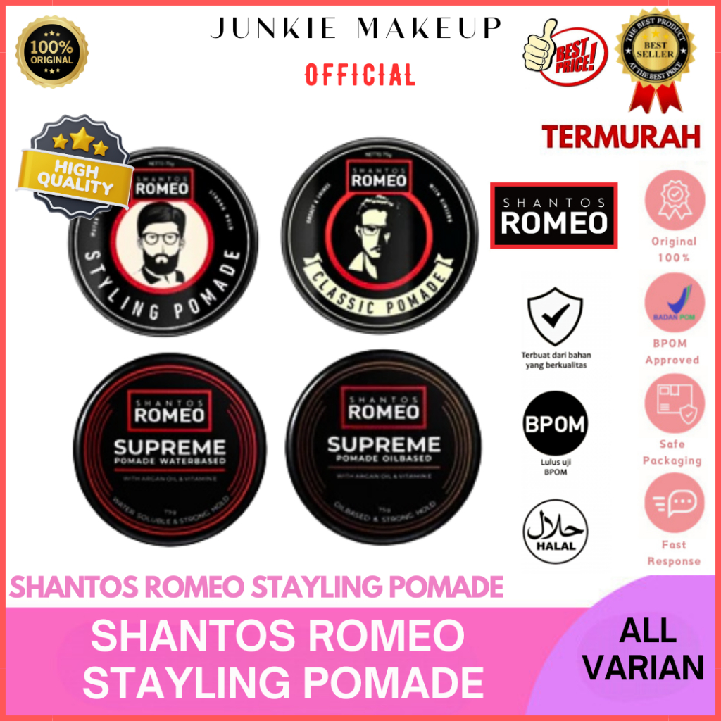 𝗝𝗨𝗡𝗞𝗜𝗘 𝗠𝗔𝗞𝗘𝗨𝗣 - Pomade Rambut Shantos Romeo 75gr / Pomade Rambut Pria / Pomade Waterbased ORIGINAL