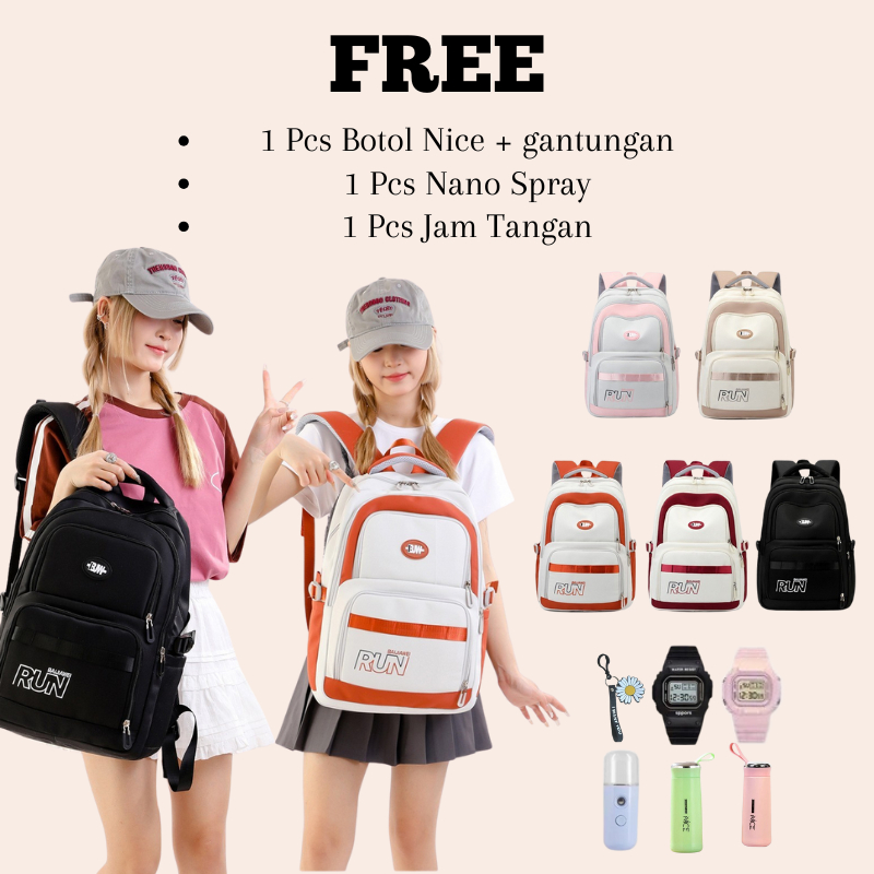 Ransel Anak Sekolah RUN Murah Free Bonus Botol Jam Tangan Nano Spray Dan Gantungan Lucu Cute Bisa CO