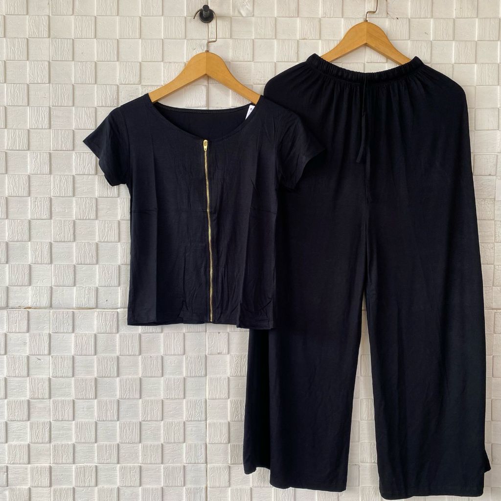 Setelan Celana Panjang Wanita / Set Atasan Zipper Tangan pendek / One set Kaos Resleting Depan Crop