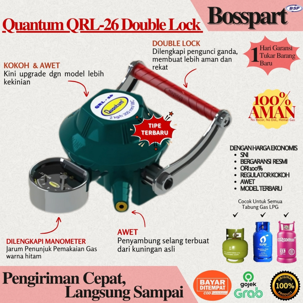QUANTUM Regulator Gas LPG Double Lock  QRL-26  / Regulator Tekanan Rendah Double Lock dengan Meteran