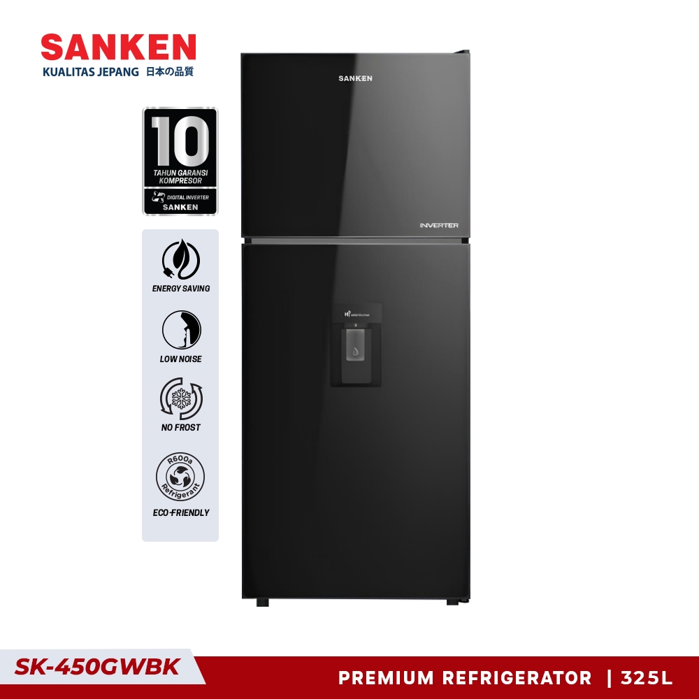 Sanken Kulkas 2 Pintu SK-450GWBK Lemari Es Inverter Tempered Glass
