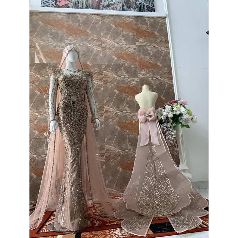 GAUN DRESS WEDDING PENGANTIN BEREKOR / KEBAYA PENGANTIN SLIM EKOR/BAJU PENGANTIN MUSLIMAH/GAUN DRESS
