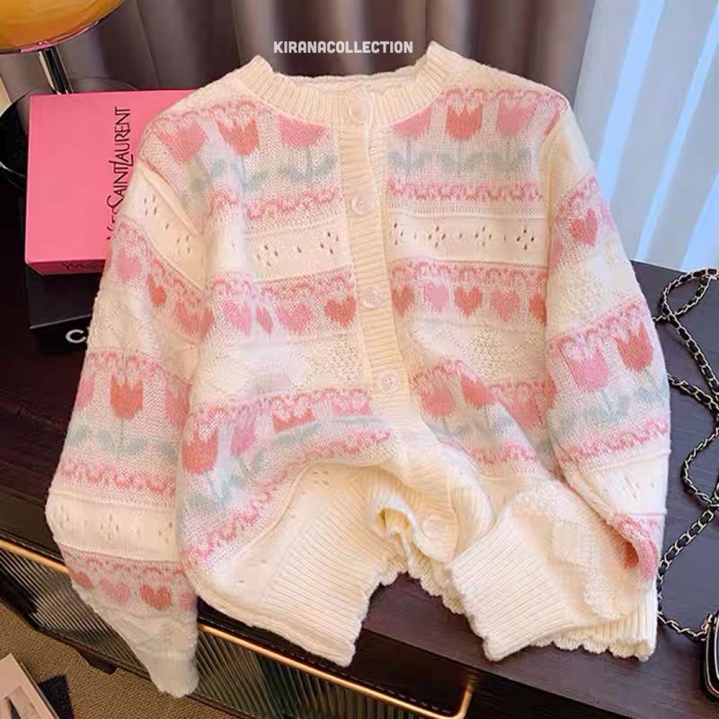 Cardigan Rajut Bunga Tulip/Cardigan Lengan Panjang Motif/Cardigan Korean Style