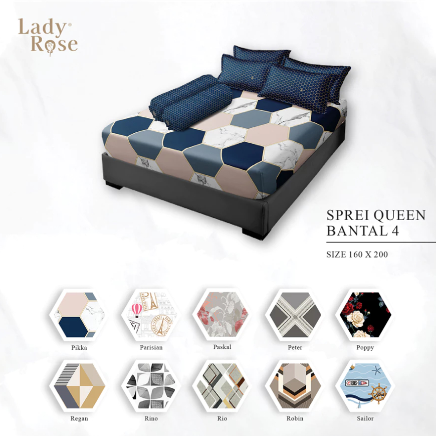 Lady Rose - Sprei Queen B4 160x200x20 Bantal 4 Guling 2 - Motif Bunga Abstrak Geometri Karakter Bola