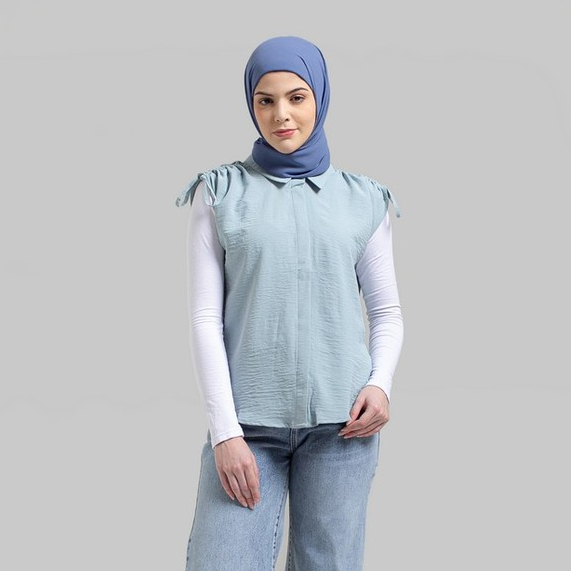 Greenlight Kemeja Polos Tanpa Original LenganPoly Crinkle Sleeveless Wanita Hijau Ether L200722
