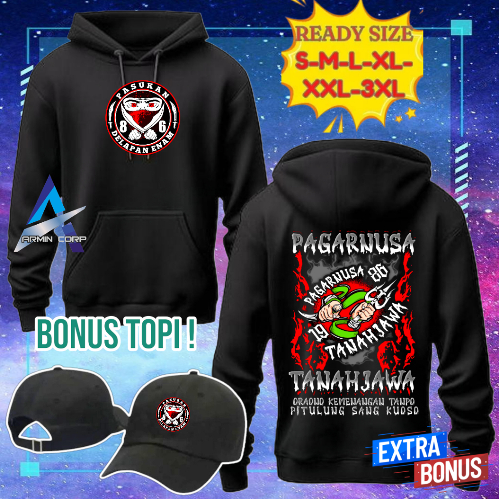 HOODIE JUMP PAGAR NUSA PASUKAN 86 TANAH JAWA KATA KATA KEREN BAHAN KATUN FLEECE BONUS TOPI HITAM