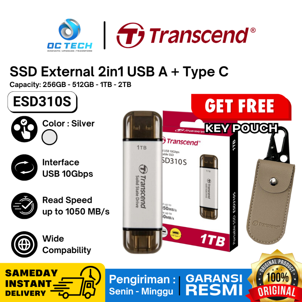 SSD External Type C USB A 3.0 Transcend 2 in 1 ESD310 ESD310S 256GB 512GB 1TB Silver Garansi Resmi