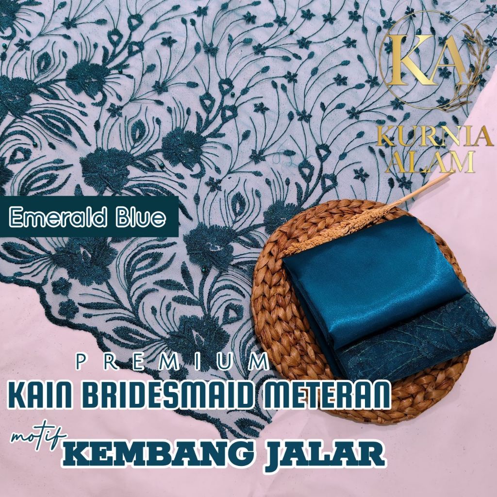 ½ meter Kain Brokat Brukat Bordir Tile Perancis Meteran warna EMERALD BLUE Motif Kembang Jalar Premi