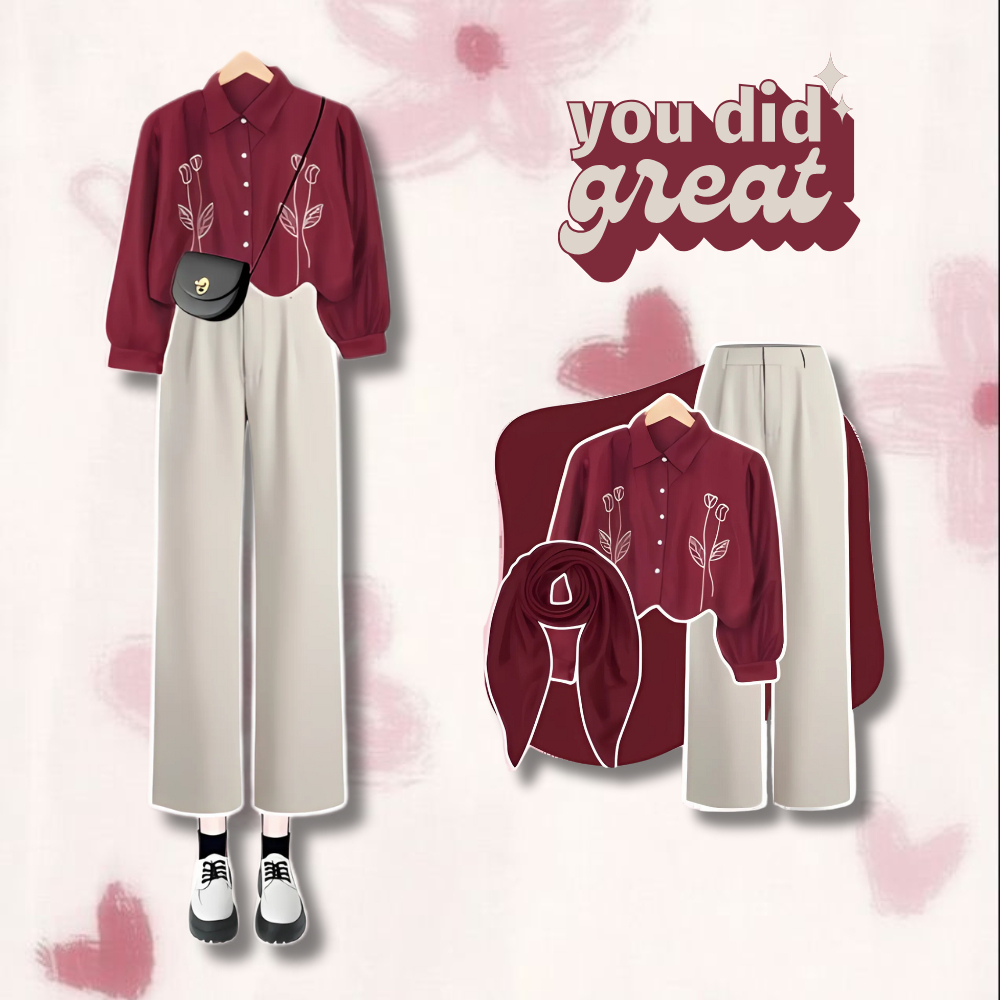 Outfit 3in1 Korean Look ( Kemeja + Celana + Hijab ) Ootd Lebaran Inspo Pinterest