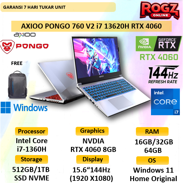 Laptop Gaming Axioo Pongo 760 V2 RTX 4060 I7 13620H 64GB 1TB SSD W 11 144Hz 100%SRGB