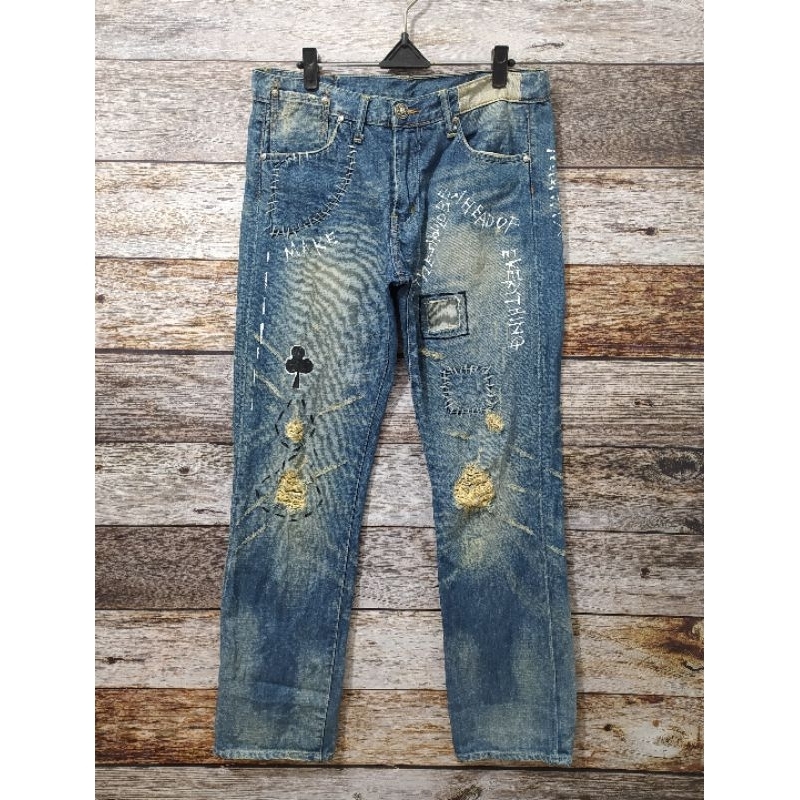 Celana Oni Denim Distressed Patch Work Jeans Oni Japan Denim