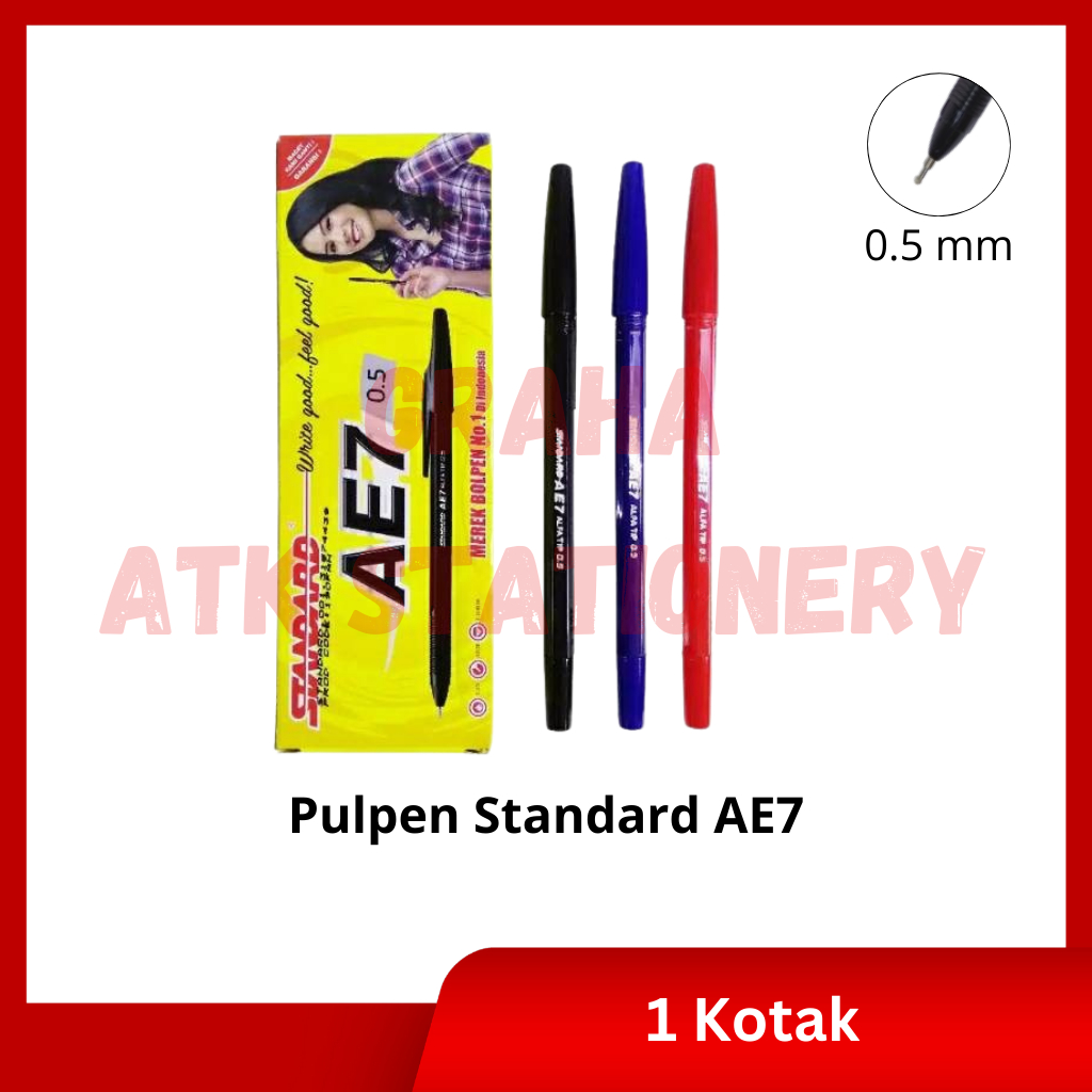 

[1 Kotak] Pulpen Standard AE7 Hitam, Biru, Merah / Ball Pen / Pena 0.5mm Standard AE7