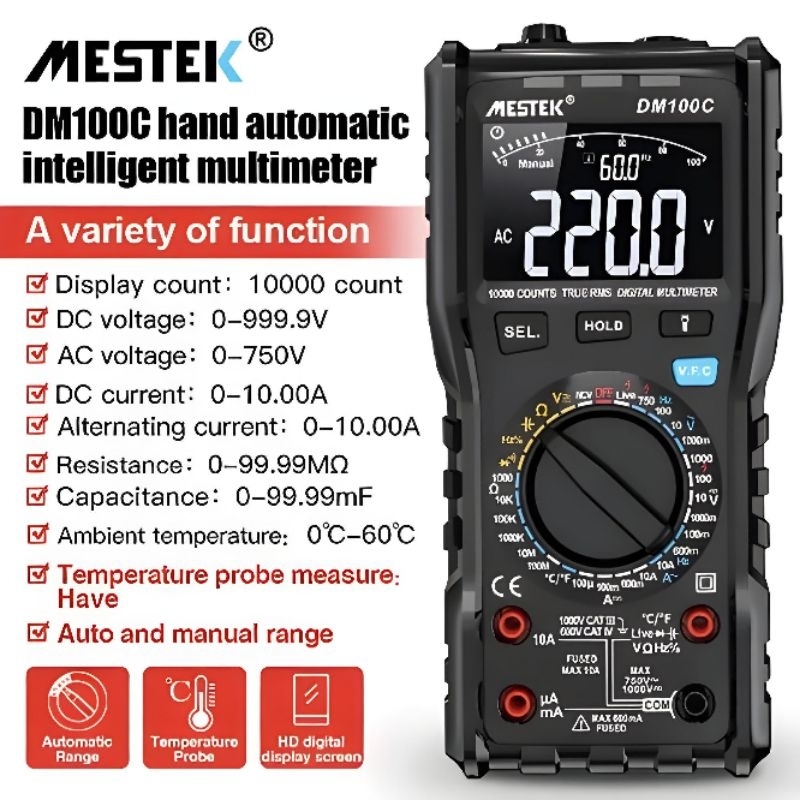 Multimeter Mestek DM100C TRMS AC DC Manual Auto Range NCV Multitester